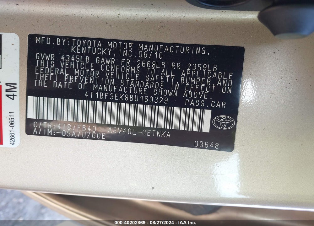 2011 TOYOTA CAMRY LE VIN: 4T1BF3EK8BU160329