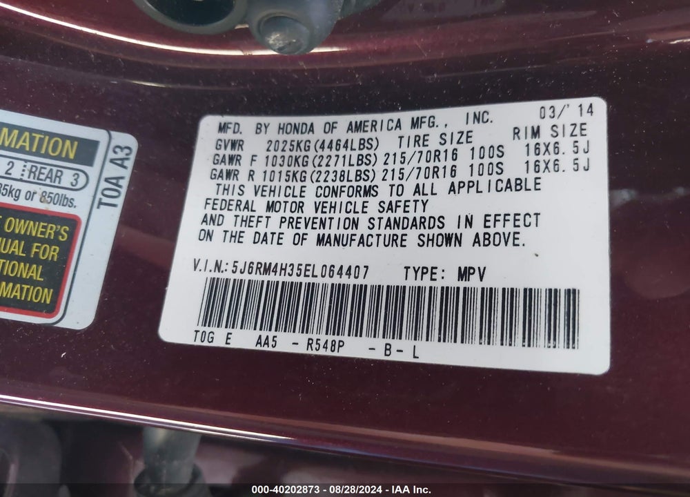 2014 HONDA CR-V LX VIN: 5J6RM4H35EL064407