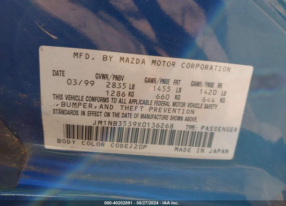 1999 MAZDA MX-5 MIATA LEATHER PKG/POPULAR EQUIPMENT PKG/SPORTS PKG/TOURING PKG VIN: JM1NB3539X0136268