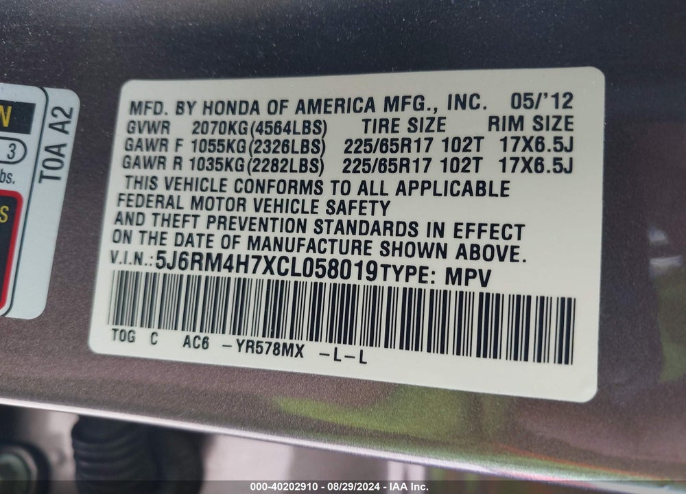 2012 HONDA CR-V EX-L VIN: 5J6RM4H7XCL058019