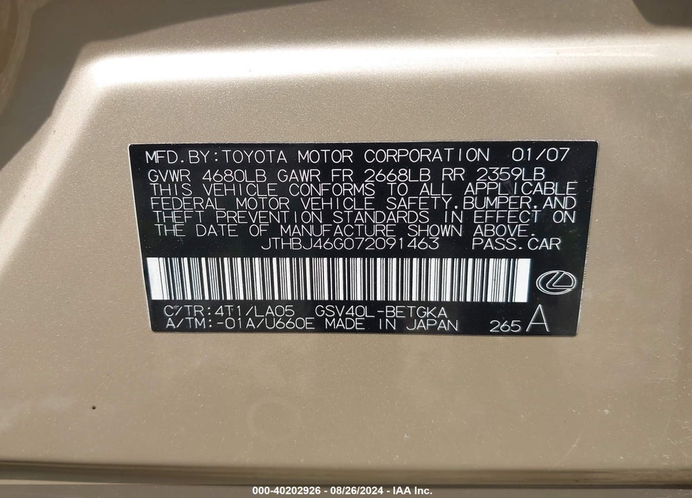 2007 LEXUS ES 350 VIN: JTHBJ46G072091463