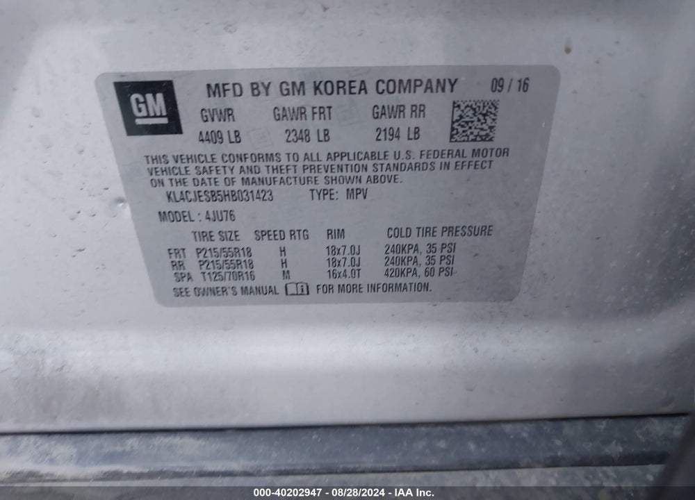 2017 BUICK ENCORE PREFERRED VIN: KL4CJESB5HB031423