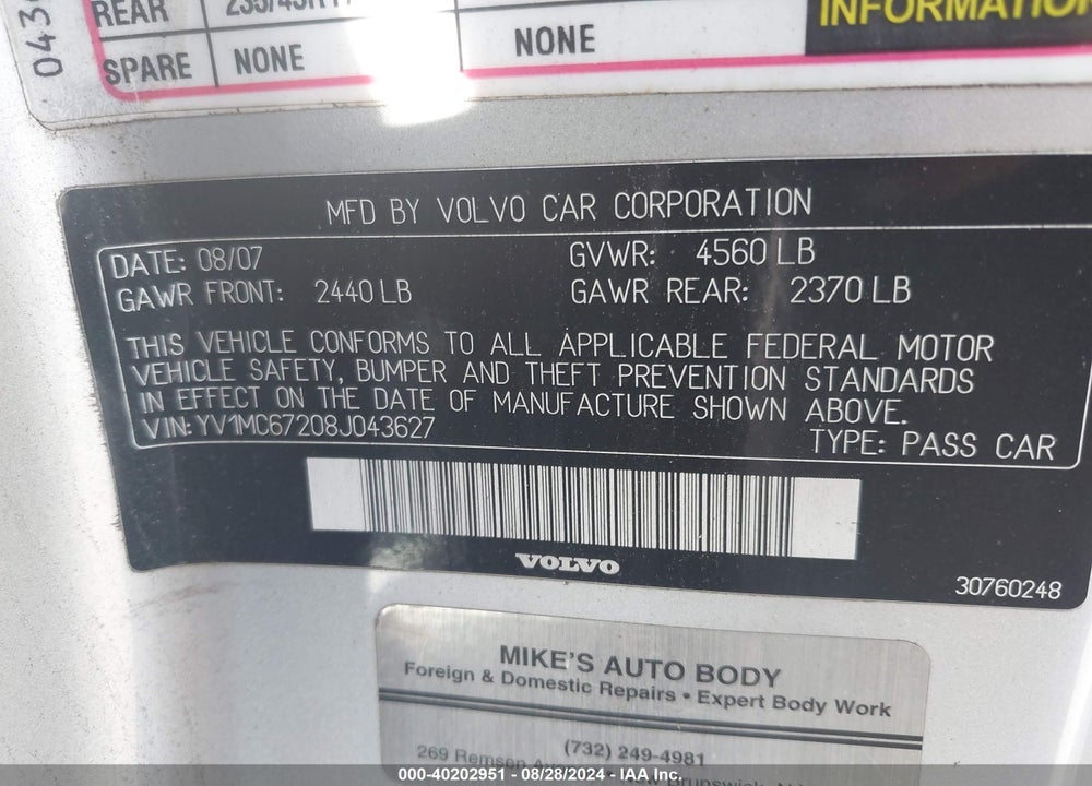 2008 VOLVO C70 T5 VIN: YV1MC67208J043627