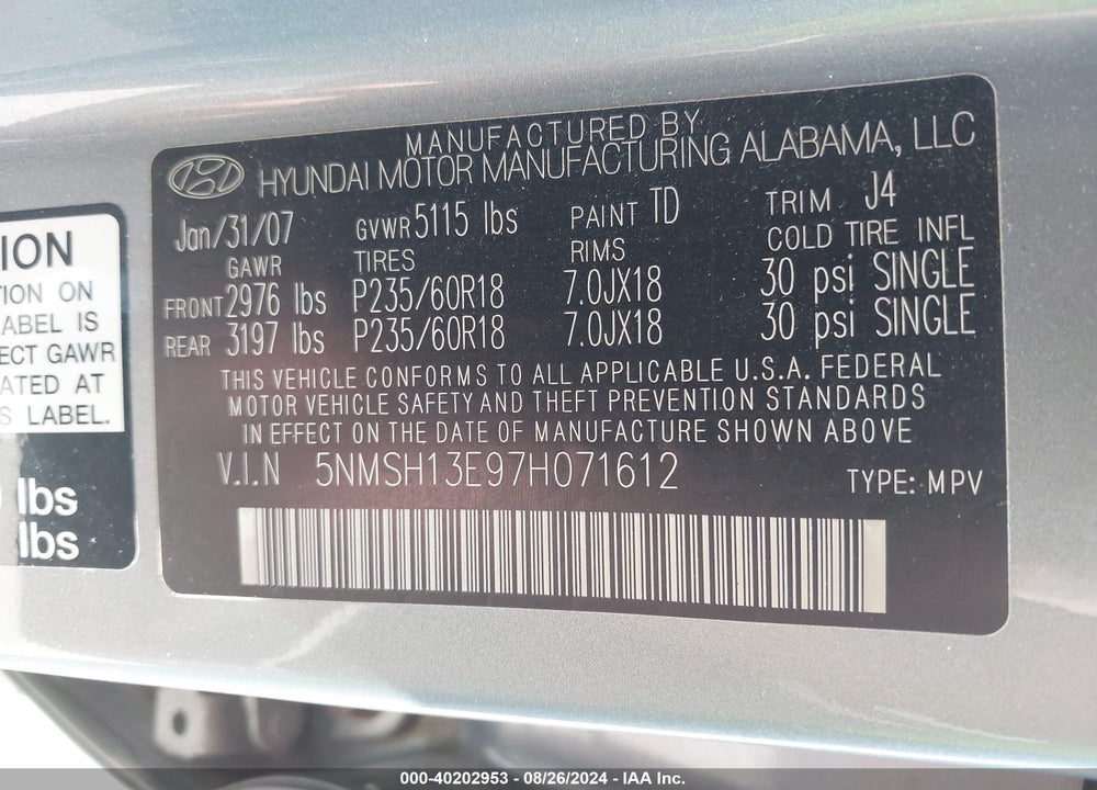2007 HYUNDAI SANTA FE LIMITED/SE VIN: 5NMSH13E97H071612