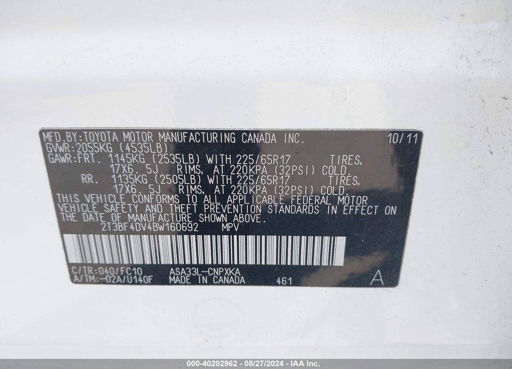 2011 TOYOTA RAV4 VIN: 2T3BF4DV4BW160692
