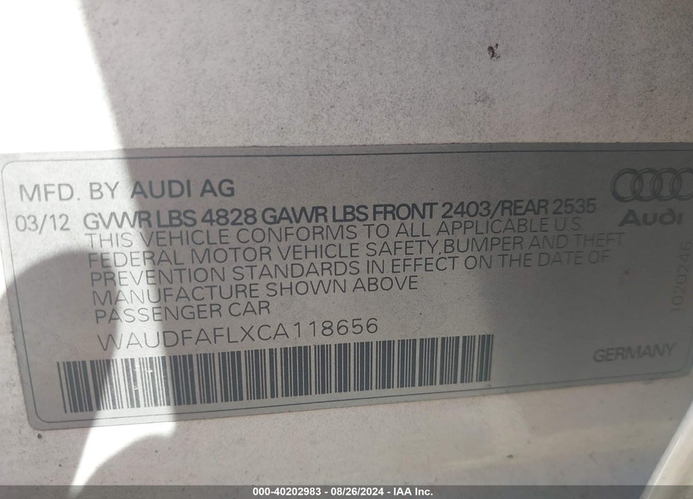 2012 AUDI A4 2.0T PREMIUM VIN: WAUDFAFLXCA118656