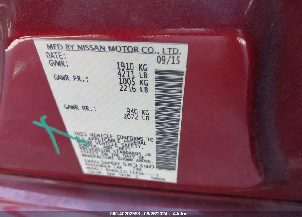 2015 NISSAN ALTIMA 2.5 SV VIN: 1N4AL3AP6FC583390