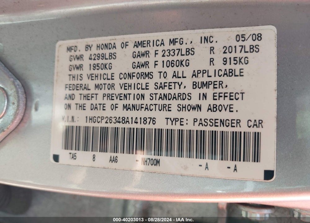 2008 HONDA ACCORD 2.4 LX VIN: 1HGCP26348A141876