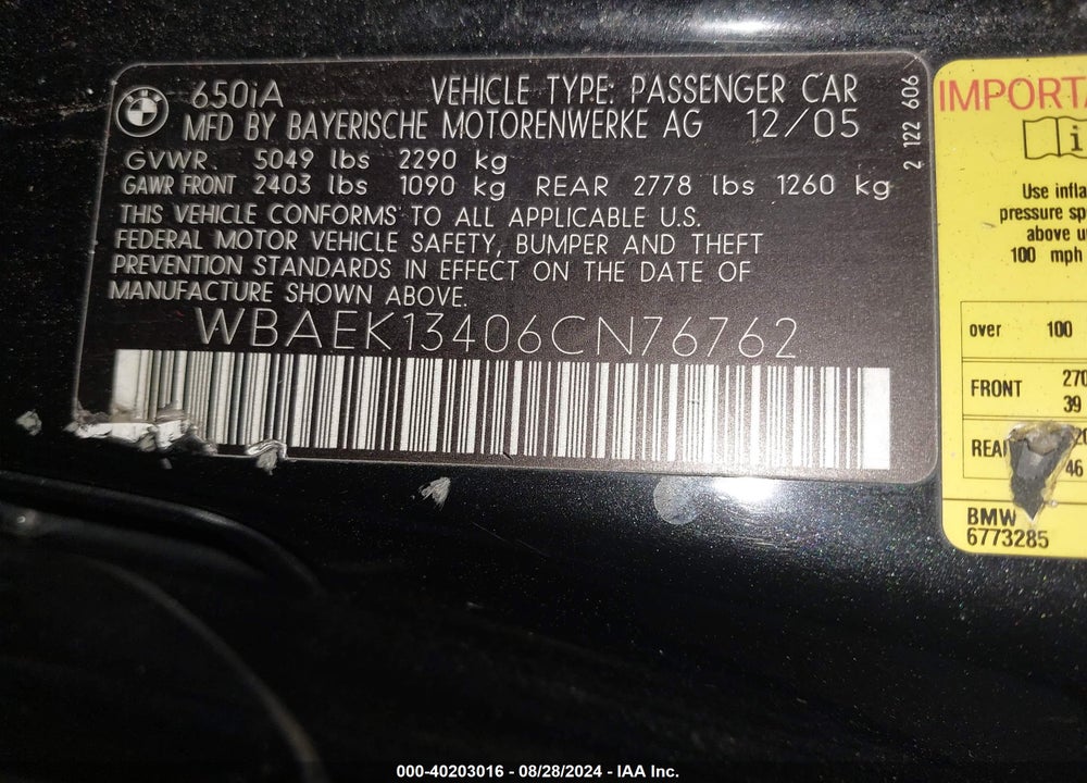 2006 BMW 650I VIN: WBAEK13406CN76762
