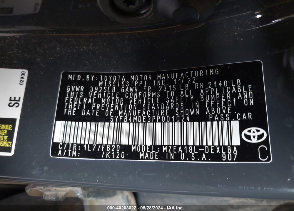 2023 TOYOTA COROLLA LE VIN: 5YFB4MDE3PP001024
