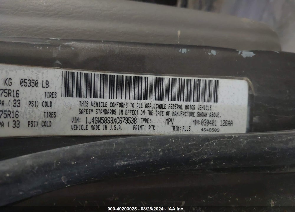 1999 JEEP GRAND CHEROKEE LAREDO VIN: 1J4GW58S3XC679538