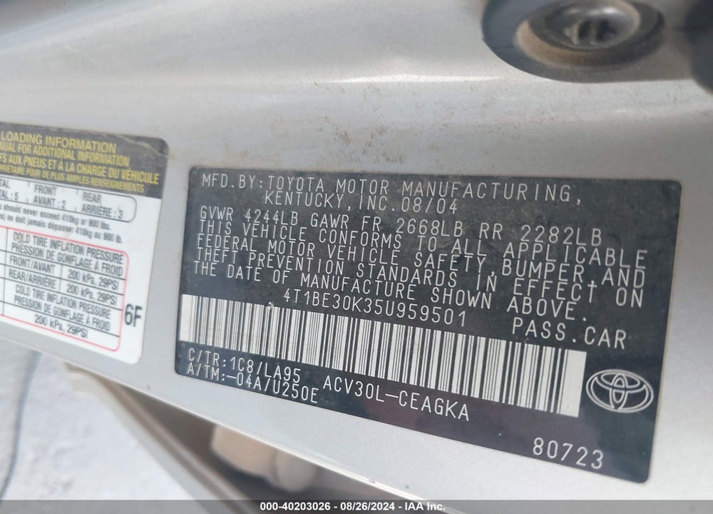 2005 TOYOTA CAMRY XLE VIN: 4T1BE30K35U959501