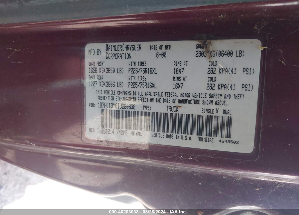 2001 DODGE RAM 1500 ST VIN: 1B7HC13Y01J280838