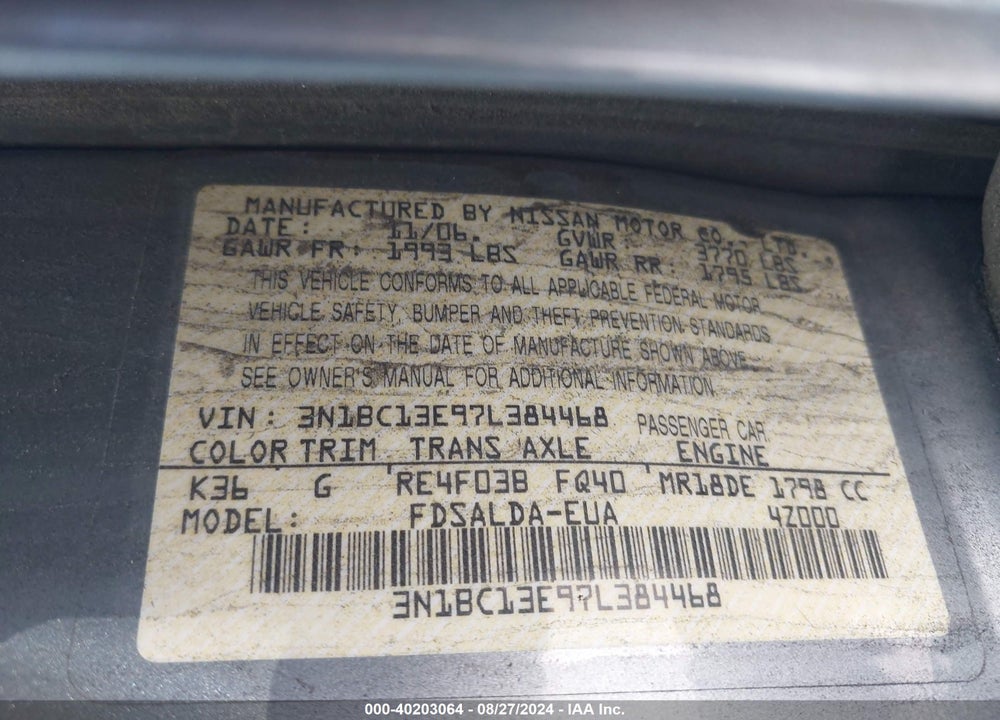 2007 NISSAN VERSA 1.8S VIN: 3N1BC13E97L384468