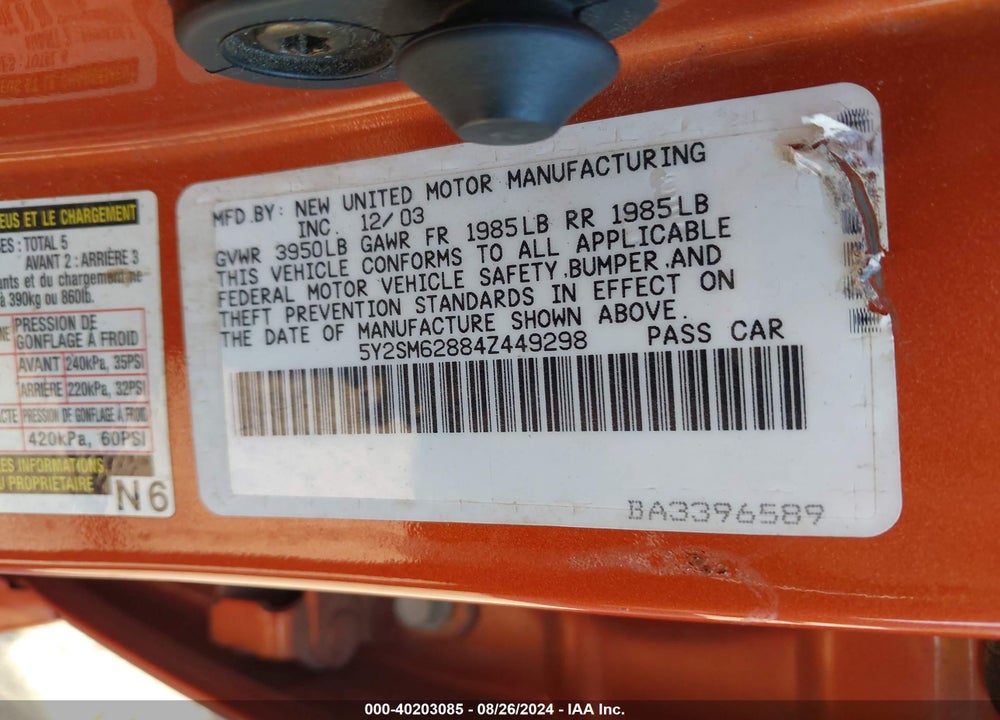 2004 PONTIAC VIBE VIN: 5Y2SM62884Z449298