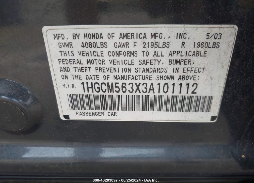 2003 HONDA ACCORD 2.4 LX VIN: 1HGCM563X3A101112