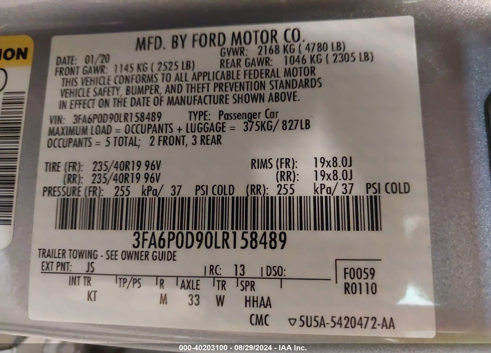 2020 FORD FUSION TITANIUM VIN: 3FA6P0D90LR158489