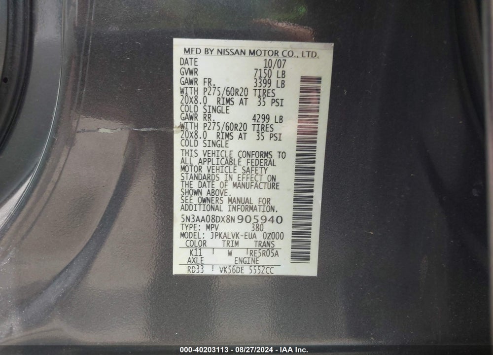 2008 INFINITI QX56 VIN: 5N3AA08DX8N905940