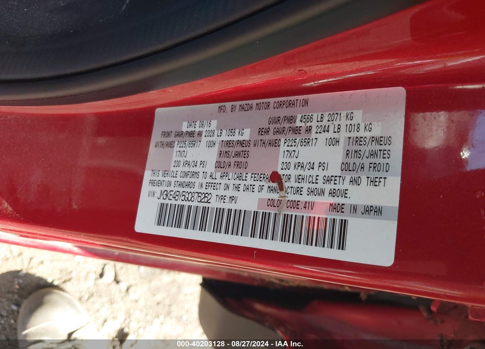 2016 MAZDA CX-5 SPORT VIN: JM3KE4BY5G0876262