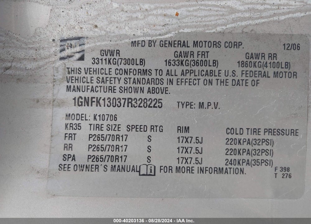 2007 CHEVROLET TAHOE LS VIN: 1GNFK13037R328225