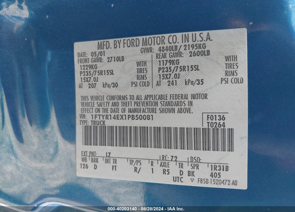 2001 FORD RANGER EDGE/XLT VIN: 1FTYR14EX1PB50081
