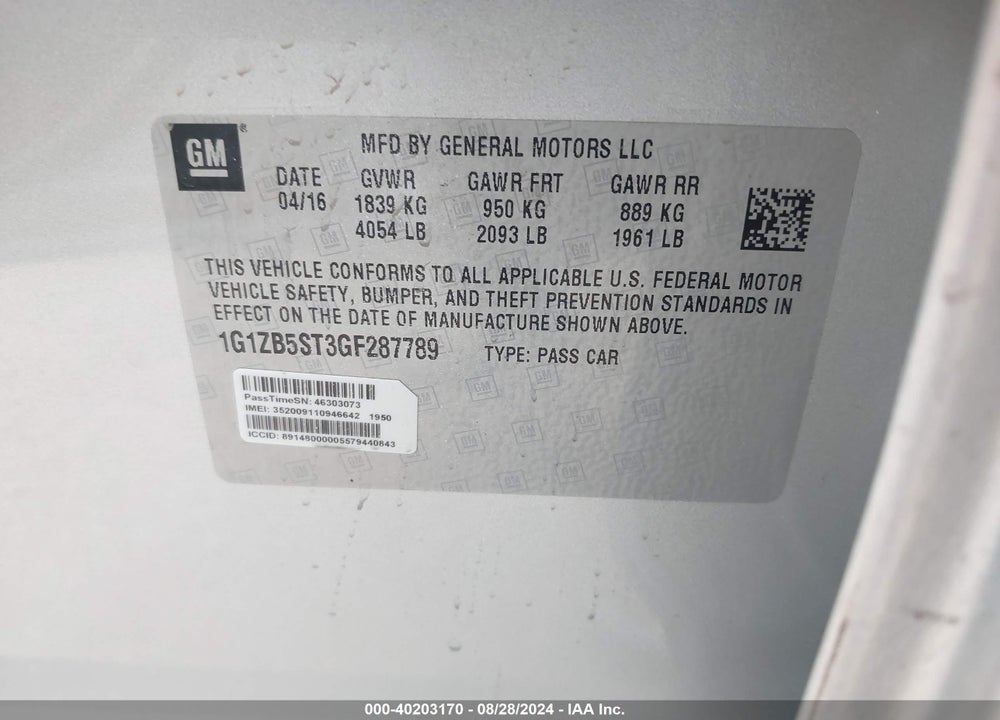 2016 CHEVROLET MALIBU LS VIN: 1G1ZB5ST3GF287789