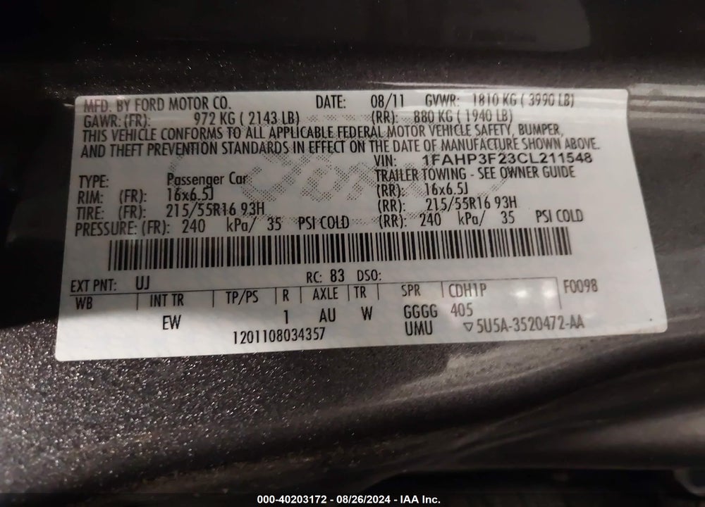 2012 FORD FOCUS SE VIN: 1FAHP3F23CL211548