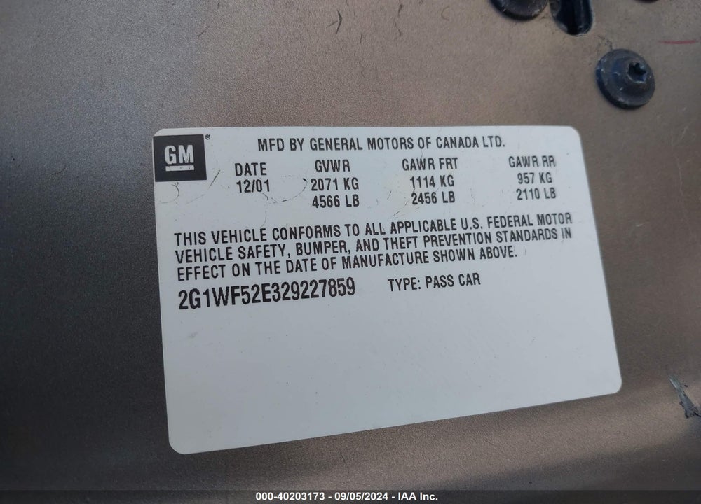 2002 CHEVROLET IMPALA VIN: 2G1WF52E329227859