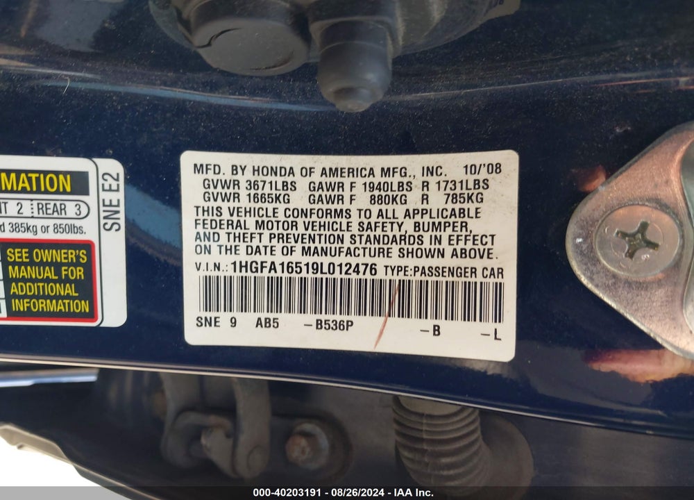 2009 HONDA CIVIC LX VIN: 1HGFA16519L012476
