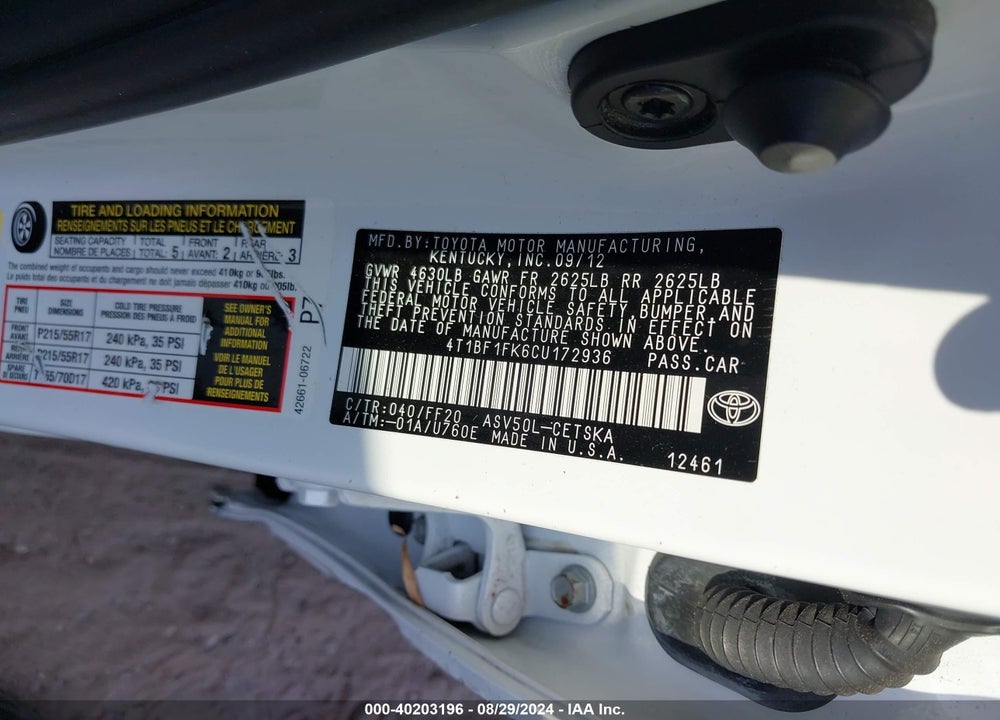 2012 TOYOTA CAMRY SE VIN: 4T1BF1FK6CU172936