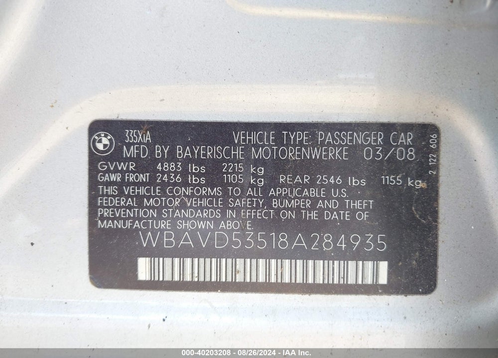 2008 BMW 335XI VIN: WBAVD53518A284935
