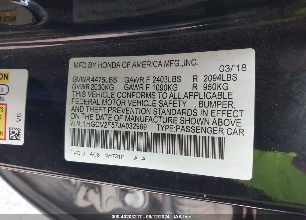 2018 HONDA ACCORD EX-L 2.0T VIN: 1HGCV2F57JA032969