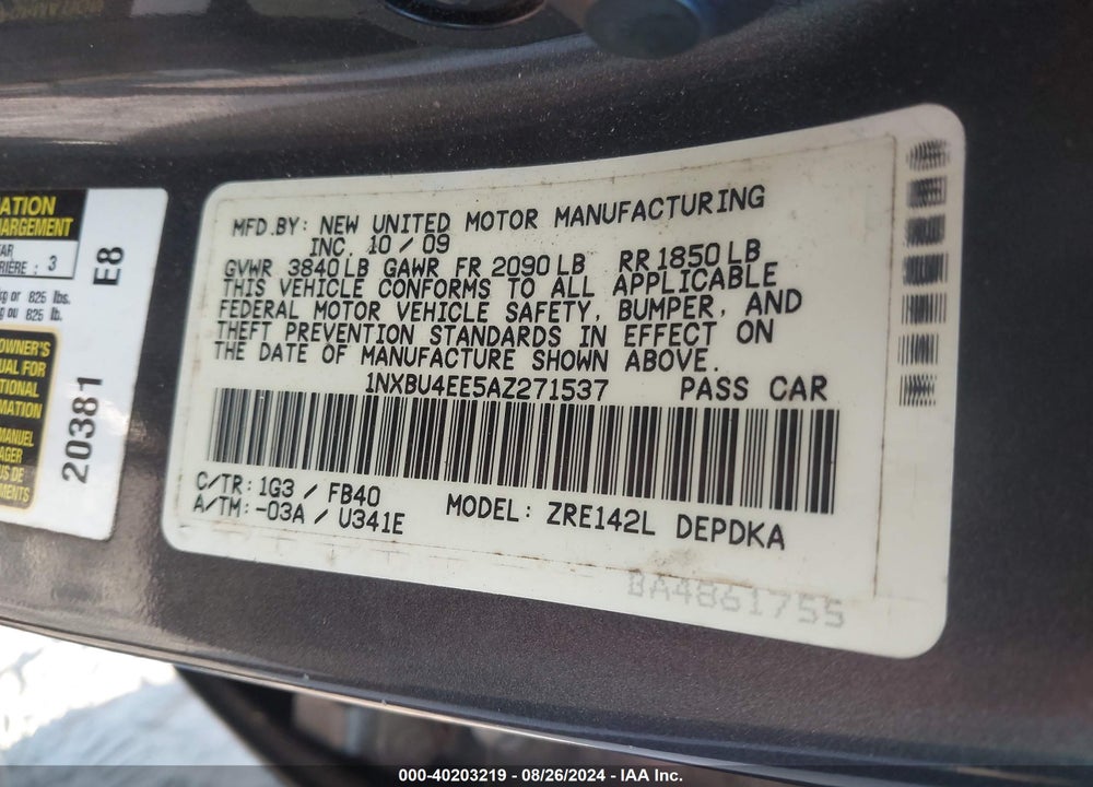 2010 TOYOTA COROLLA VIN: 1NXBU4EE5AZ271537