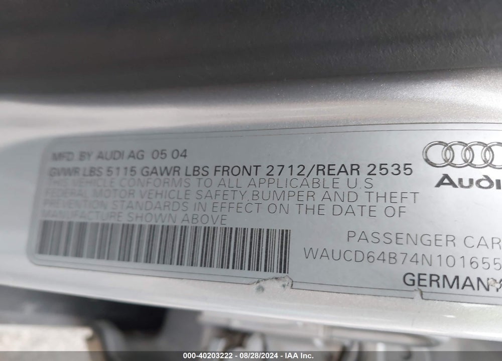 2004 AUDI A6 2.7T S-LINE VIN: WAUCD64B74N101655