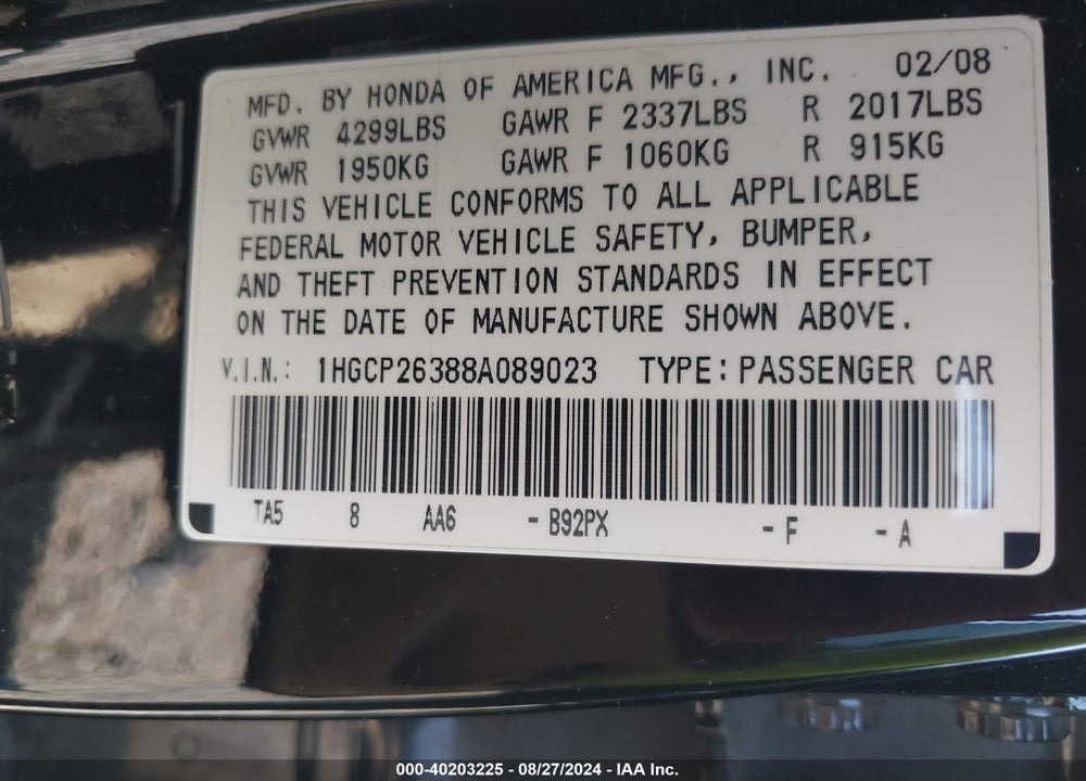 2008 HONDA ACCORD 2.4 LX VIN: 1HGCP26388A089023
