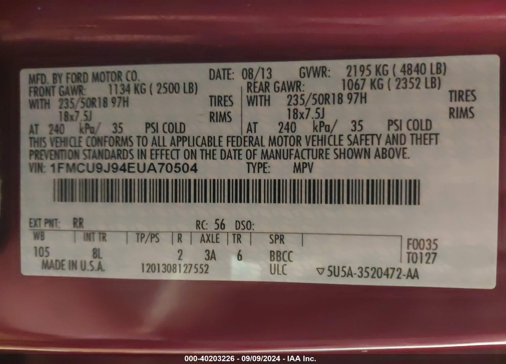 2014 FORD ESCAPE TITANIUM VIN: 1FMCU9J94EUA70504