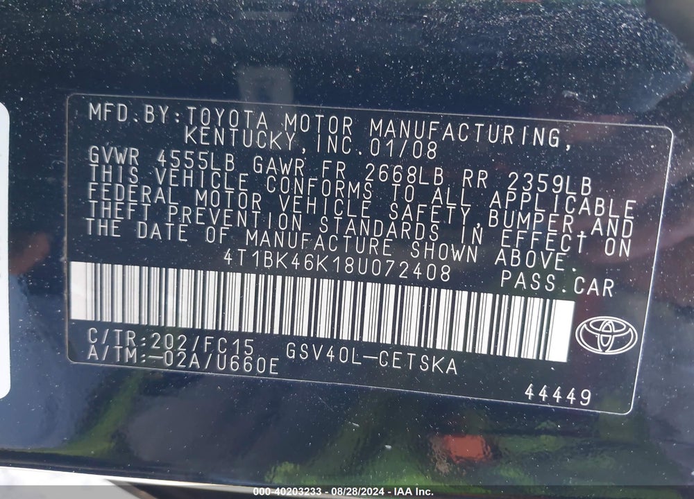 2008 TOYOTA CAMRY VIN: 4T1BK46K18U072408