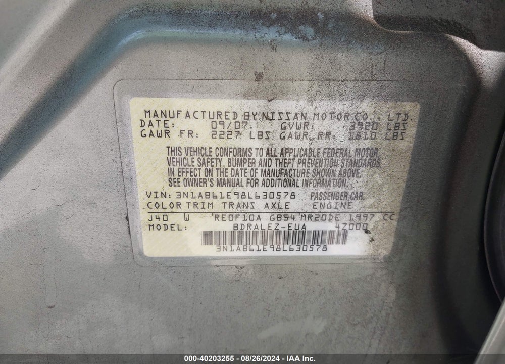 2008 NISSAN SENTRA 2.0S VIN: 3N1AB61E98L630578
