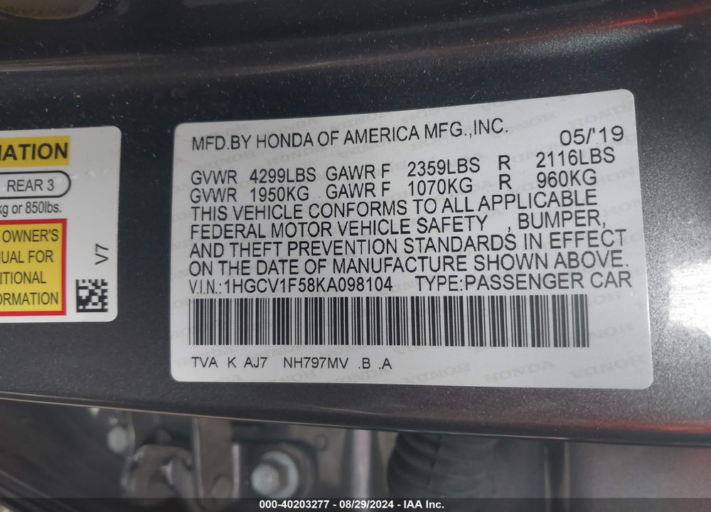 2019 HONDA ACCORD EX-L VIN: 1HGCV1F58KA098104