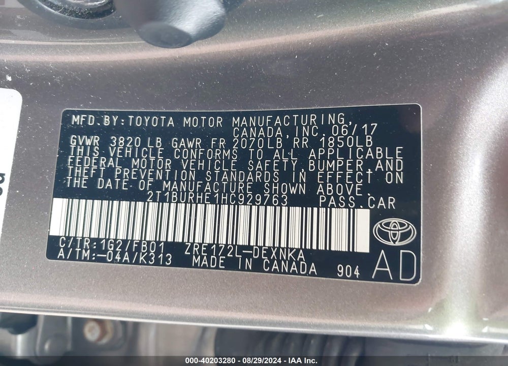 2017 TOYOTA COROLLA LE VIN: 2T1BURHE1HC929763