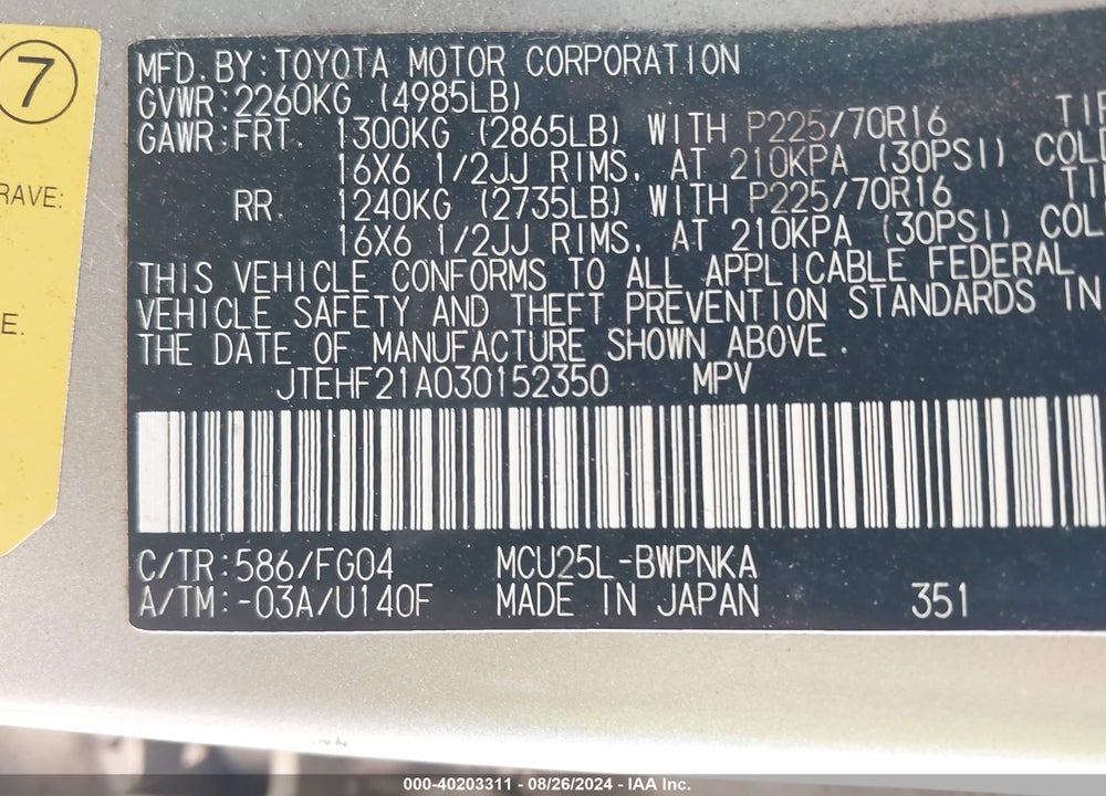 2003 TOYOTA HIGHLANDER V6 VIN: JTEHF21A030152350