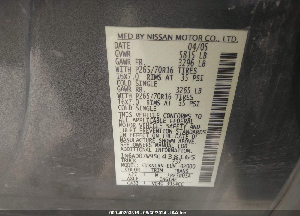 2005 NISSAN FRONTIER SE VIN: 1N6AD07W95C438165