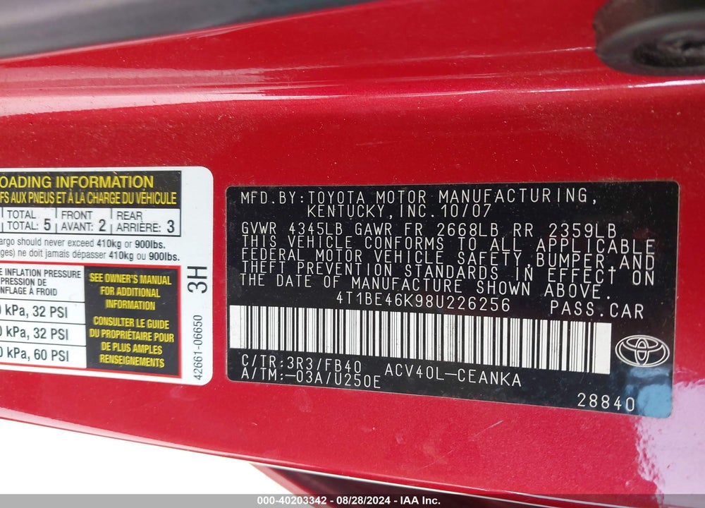 2008 TOYOTA CAMRY LE VIN: 4T1BE46K98U226256