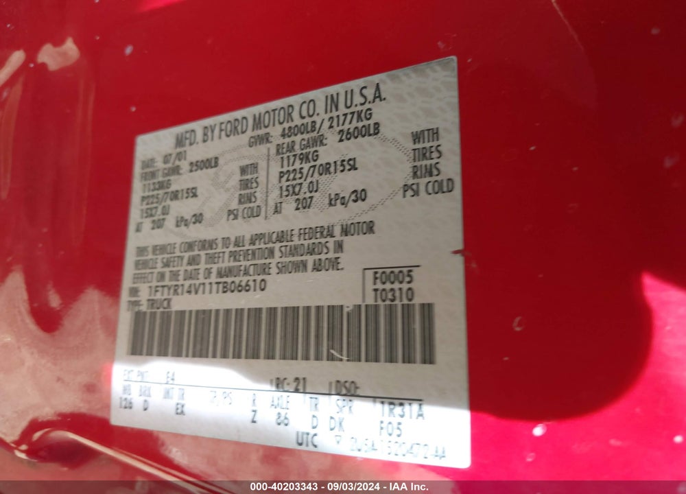 2001 FORD RANGER EDGE/XL/XLT VIN: 1FTYR14V11TB06610