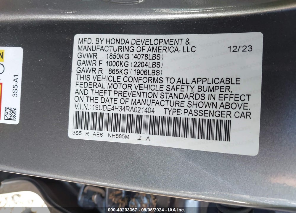 2024 ACURA INTEGRA A-SPEC VIN: 19UDE4H34RA021404