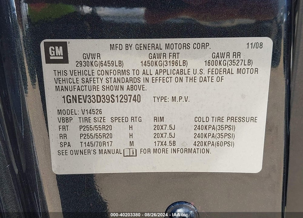 2009 CHEVROLET TRAVERSE LTZ VIN: 1GNEV33D39S129740
