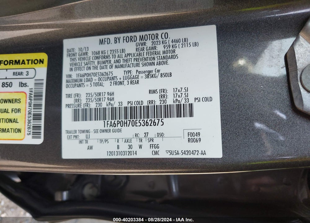 2014 FORD FUSION SE VIN: 1FA6P0H70E5362675