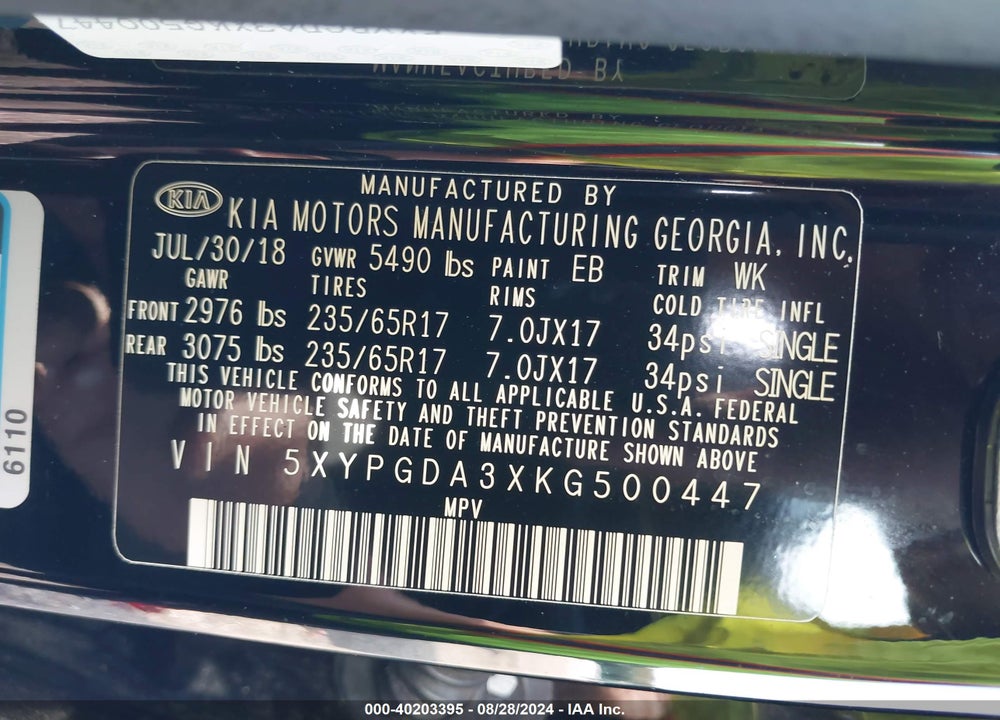 2019 KIA SORENTO 2.4L LX VIN: 5XYPGDA3XKG500447
