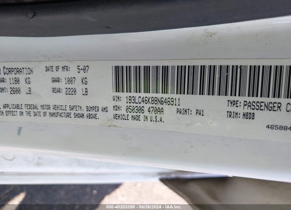 2008 DODGE AVENGER SE VIN: 1B3LC46K88N646911
