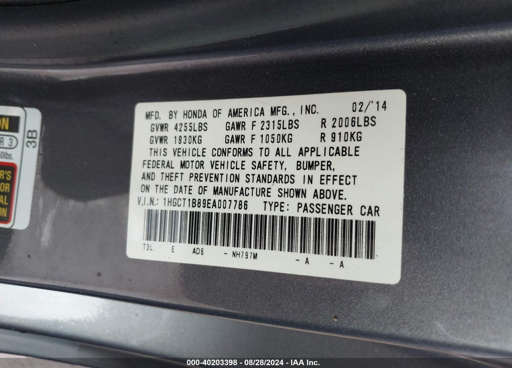 2014 HONDA ACCORD EX-L VIN: 1HGCT1B89EA007786